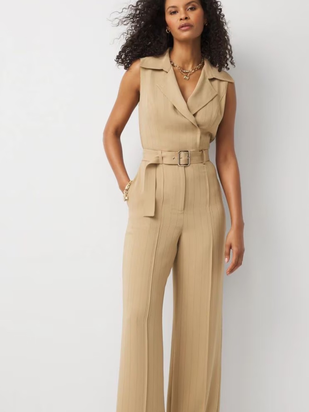 White House Black Market Sleeveless Belted Wide-Leg Jumpsuit in Beige